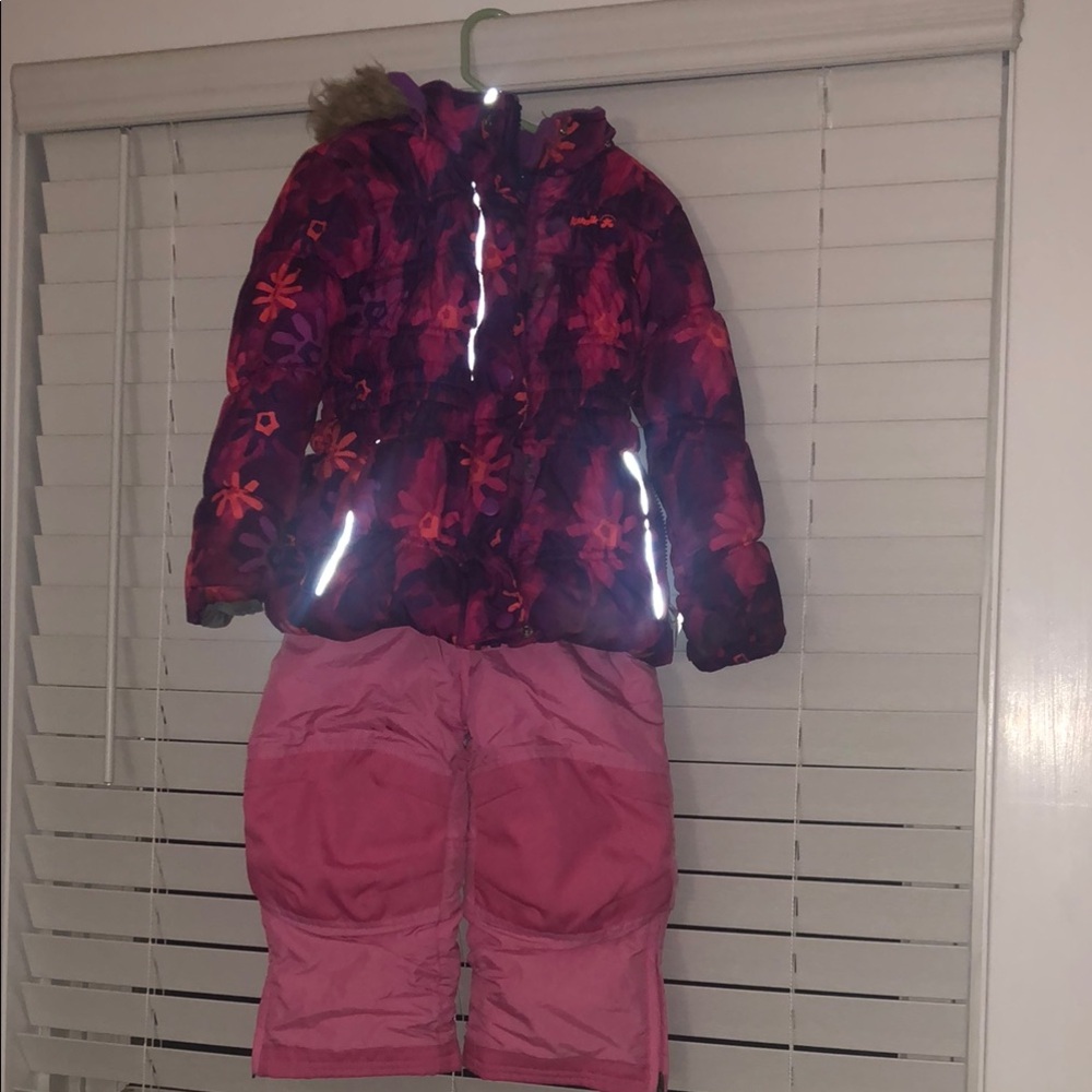 Girls' Pink Floral Kamik Winter Jacket (4T) and LL Bean snow pants (3T)